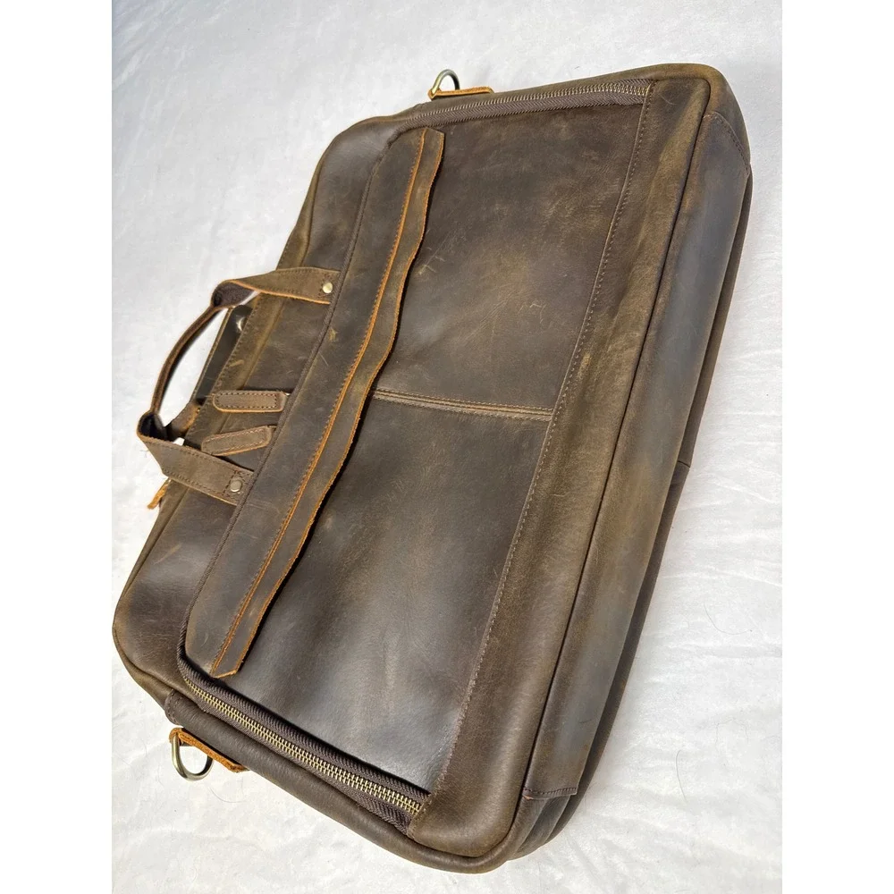 Mens Distressed Leather Briefcase Laptop Messenger Bag Dark Brown Professional